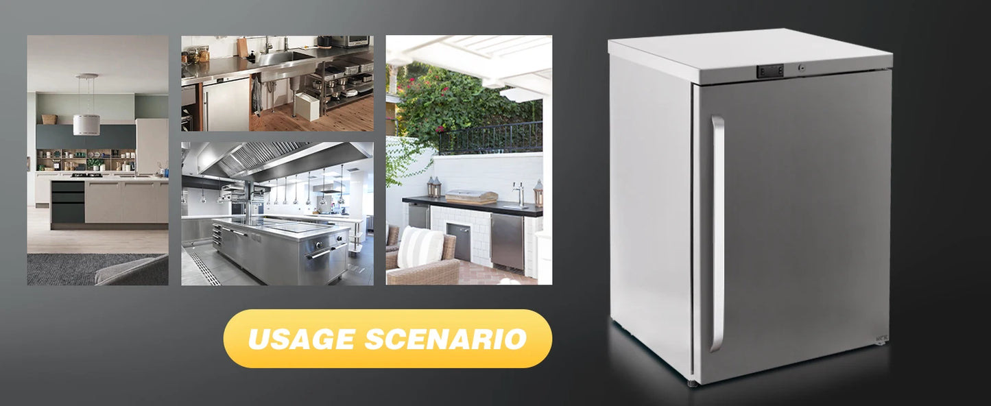 HCK Freezer, Undercounter Refrigerator with Stainless Steel Body, Electronic Temperature Control, Lockable Door, 3 Movable Baske