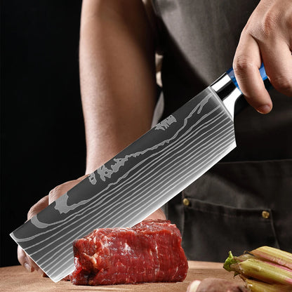 Stainless Steel Chef Knife Kitchen Knife Set 1-8Piece Razor-Sharp Paring Knife, Boning Knife, Santoku Knife, Blue Resin Handle