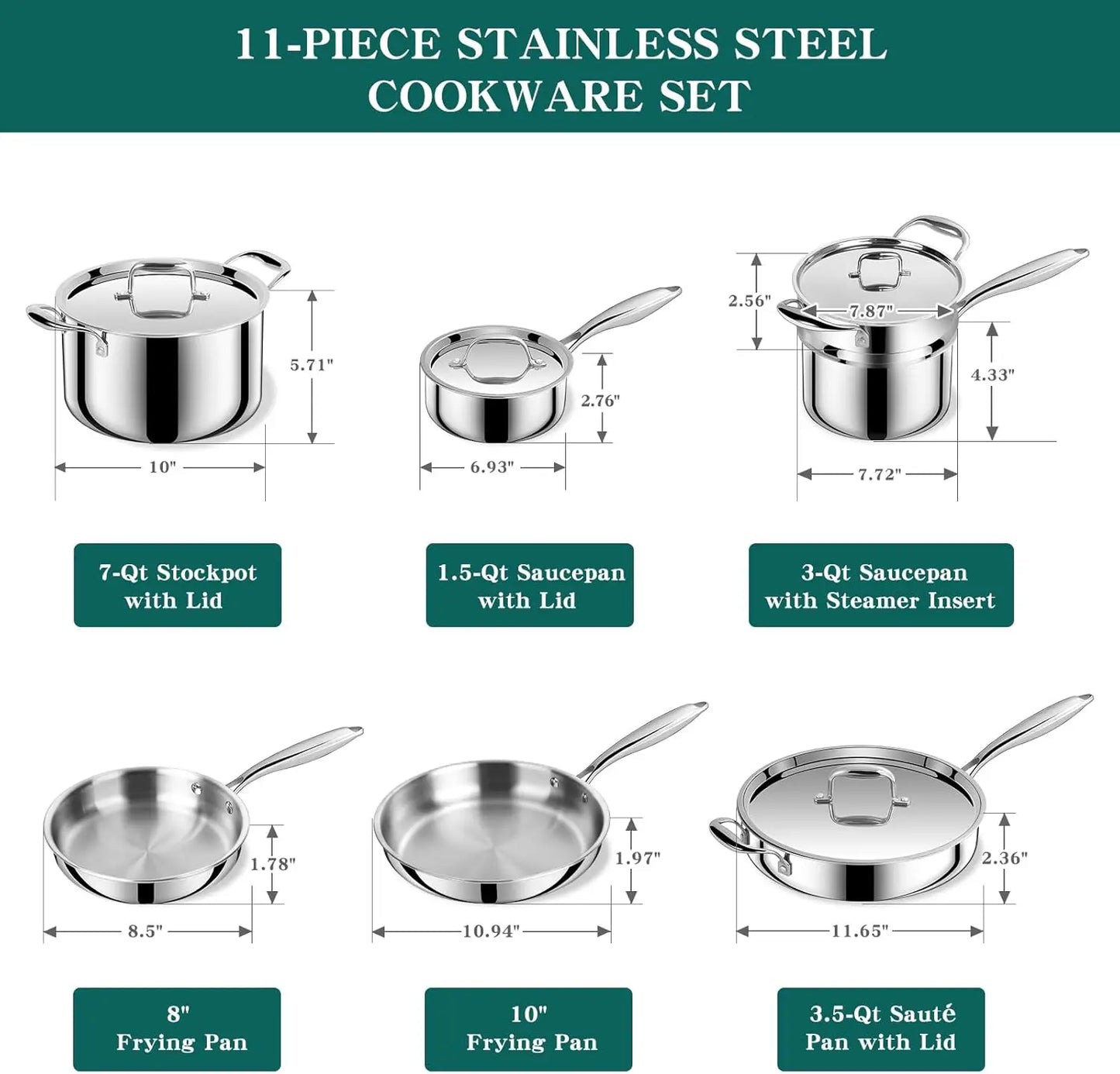 11 Piece Stainless Steel Cookware Set, 3 Ply, Induction Compatible, Oven & Dishwasher Safe