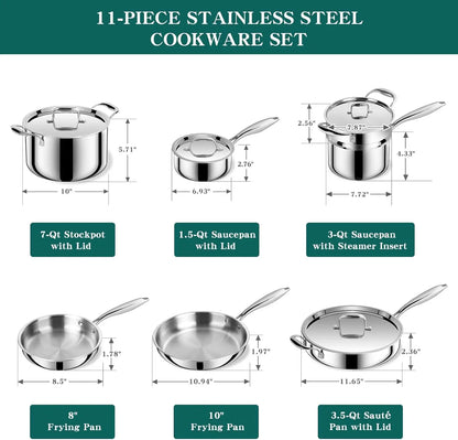 11 Piece Stainless Steel Cookware Set, 3 Ply, Induction Compatible, Oven & Dishwasher Safe