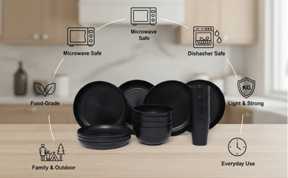 16 PCS Wheat Straw Dinnerware Set, Unbreakable Plates Bowls Cups for 4, Lightweight Microwave & Dishwasher Safe Tableware