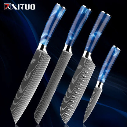 Stainless Steel Chef Knife Kitchen Knife Set 1-8Piece Razor-Sharp Paring Knife, Boning Knife, Santoku Knife, Blue Resin Handle
