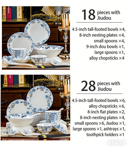 Blue And White Porcelain Tableware Set 18/28/56/30pcs Ceramics Dish Sets Full Set Luxury China Dinnerware Set For 4/6/10 Persons