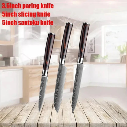 WXCOO 1~3 Pcs Knife Kitchen Utility Damascus Laser Santoku Japanese Chef Cleaver Slicing Wooden Handle Kitchen Accessories