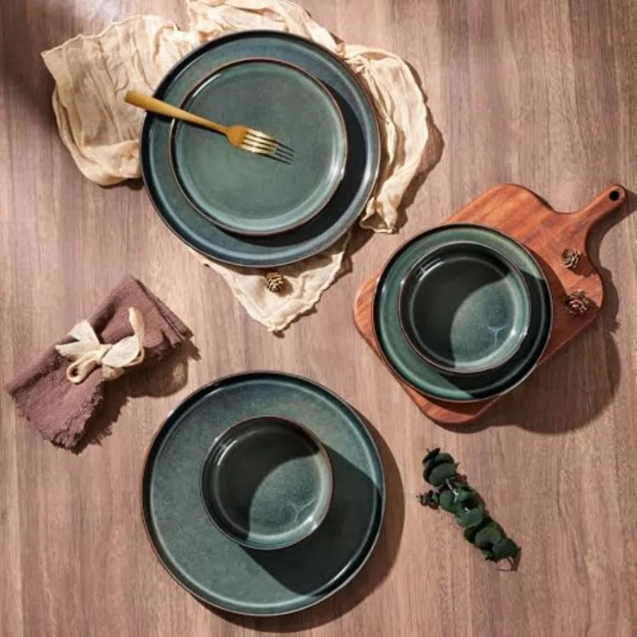 6-Piece Plates and Bowls Set Stoneware Dinnerware Sets for 2 Ceramic Dishes Reactive Glaze Dinning Ware Microwave and Dishwashe