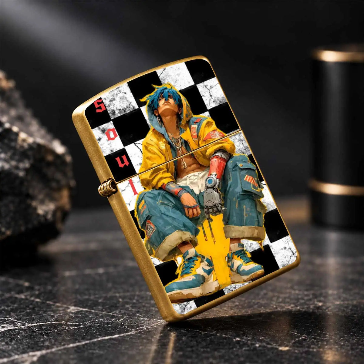 Stylish Cyber Blue-Haired Mechanical Themed Lighter, Black White Checkerboard Art Print Decor, Portable Ignition Tool For Camping Hiking Daily Gathering, Creative Unique Trendy Gift For Friends And Hobbyists, Versatile Practi