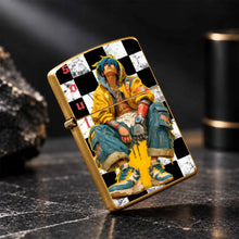 Stylish Cyber Blue-Haired Mechanical Themed Lighter, Black White Checkerboard Art Print Decor, Portable Ignition Tool For Camping Hiking Daily Gathering, Creative Unique Trendy Gift For Friends And Hobbyists, Versatile Practi