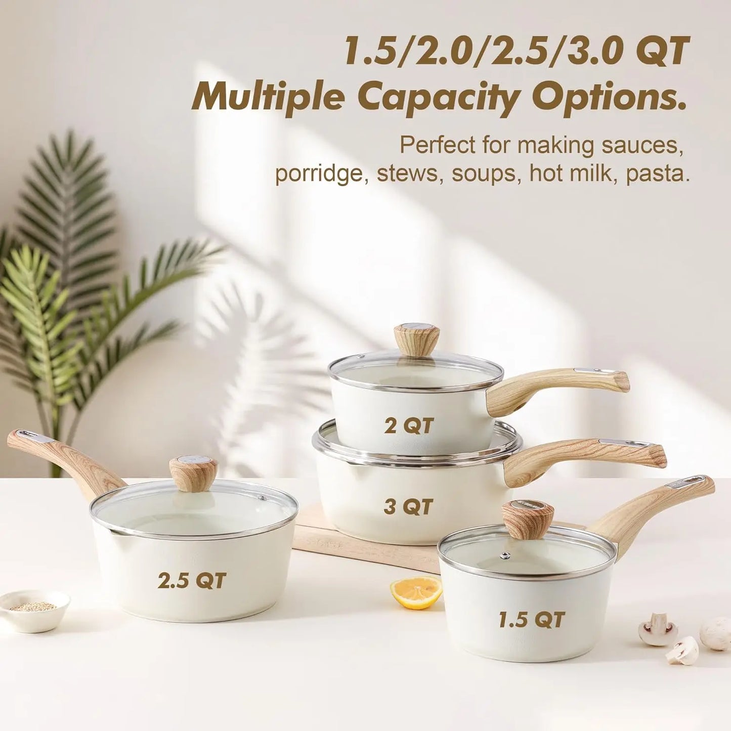 1.5 & 2.5 Quart Ceramic Sauce Pan Set with Lids, Nonstick Pour Spout Pots, Induction Compatible, PFOA/PTFE/PFAS Free