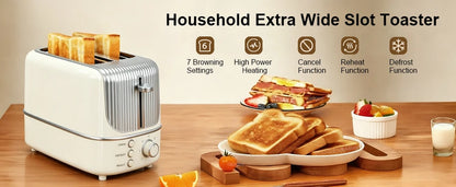 2-Slot Toaster 7 Browning Levels Home Extra Wide Slot Toaster with Reheat, Defrost and Cancel Includes a Detachable Crumb Tray