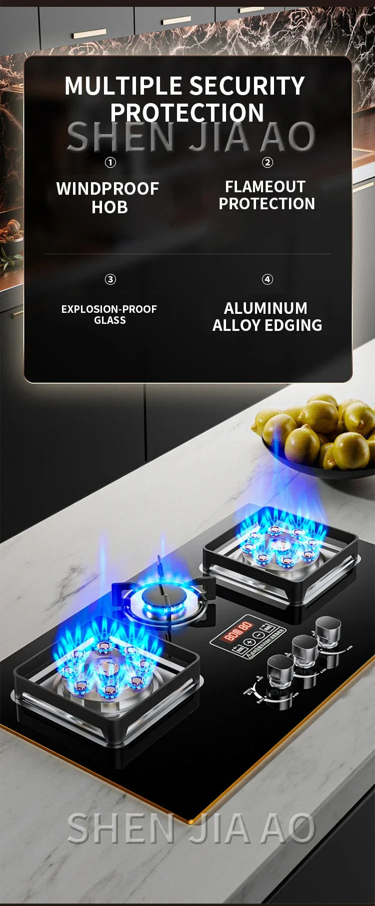 7.2KW Gas Stove Household Three Stove Timing Table Embedded Dual-purpose Natural Gas Liquefied Gas Fire Stove