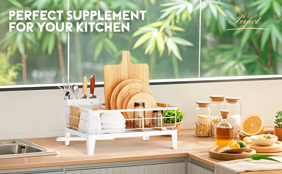 Upgrade Dish Racks for Kitchen Counter Carbon Steel Dish Drainer with Removable Cutlery Holder & Drainboard, White