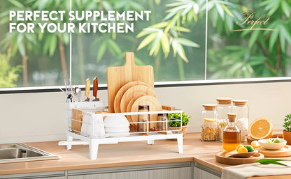 Upgrade Dish Racks for Kitchen Counter Carbon Steel Dish Drainer with Removable Cutlery Holder & Drainboard, White