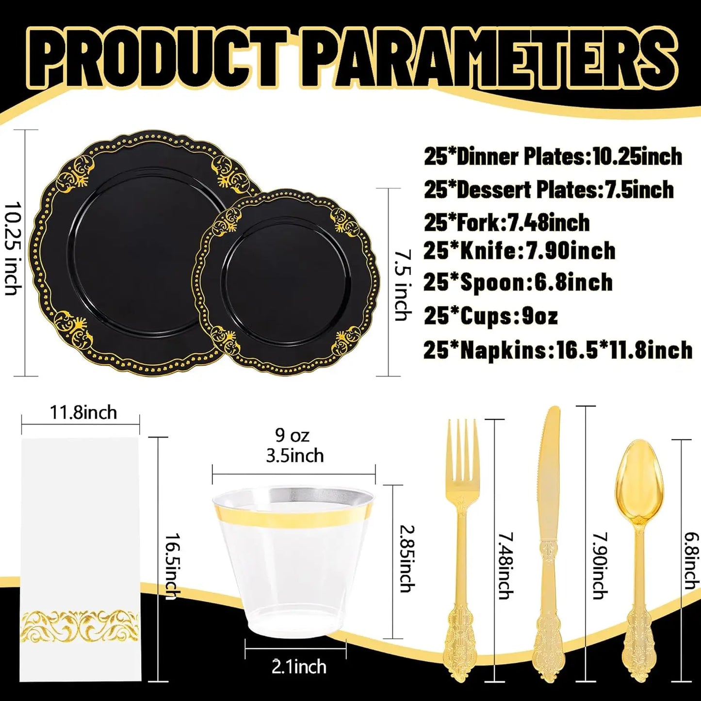 175 PCS Black and Gold Plastic Plates - Black Disposable Dinnerware Set with 50 Plates, 25 Knives, 25 Forks, 25 Spoons, 25 Cu