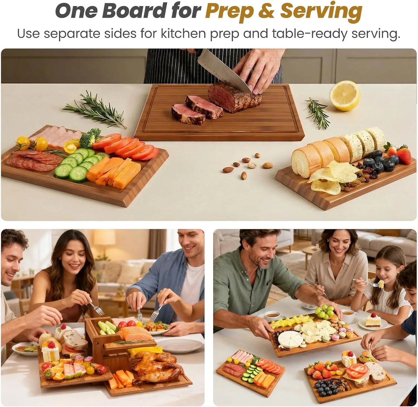 Bamboo Cutting Board Set With Stand, 3PCS Double-Sided Chopping Boards For Kitchen Meal Prep & Serving, Charcuterie, Juice Groov