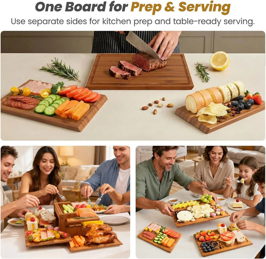 Bamboo Cutting Board Set With Stand, 3PCS Double-Sided Chopping Boards For Kitchen Meal Prep & Serving, Charcuterie, Juice Groov