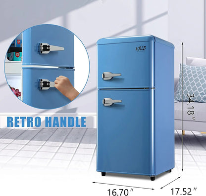 3.2 Cu.ft  Double Door Compact Refrigerator, Mini Fridge with Freezer, Retro Design Small Drink Chiller for Home, Office