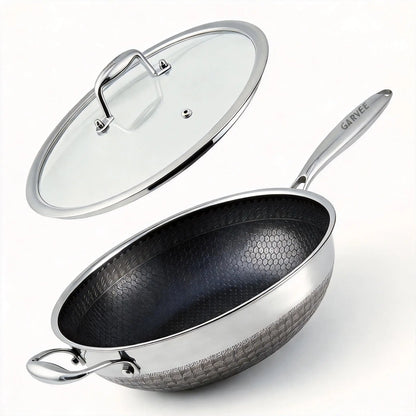 12 Inch Stainless Steel Wok Pan,4L Fry Pans Nonstick with Snowclad Technology,Induction Cooking Pan with Lid Free Cookware