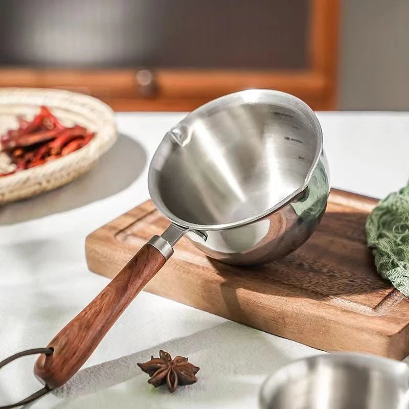 ♥Stainless Steel Oil Sprinkling Small Pot With Wooden Handle Hot Oil Pot Milk Pan Kitchen Multifunction Saucepan