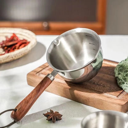 ♥Stainless Steel Oil Sprinkling Small Pot With Wooden Handle Hot Oil Pot Milk Pan Kitchen Multifunction Saucepan
