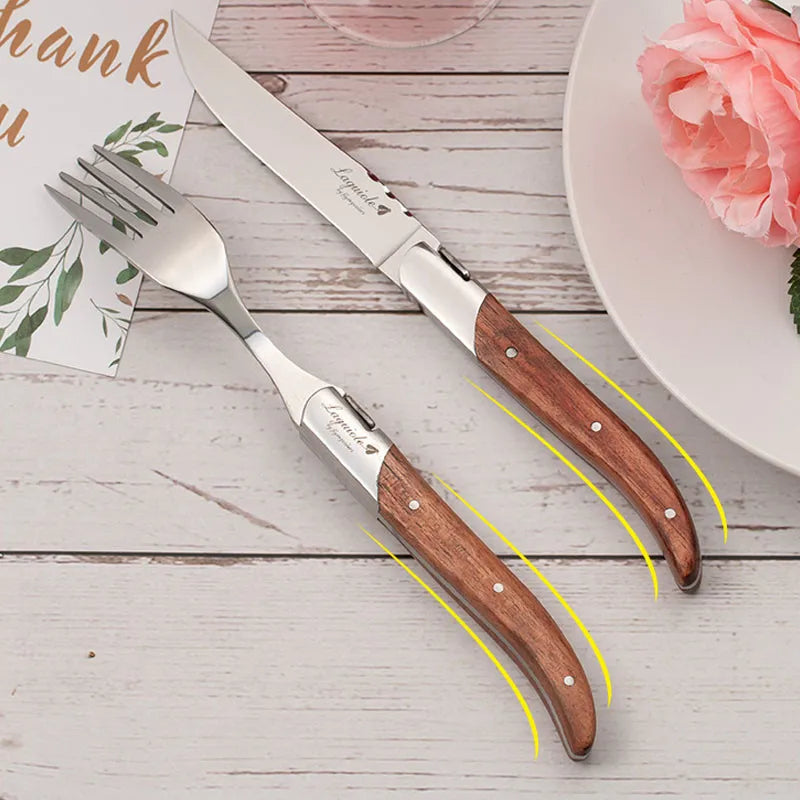 2/4/6/10pcs 8.25inch Laguiole Steak Knives Wood Cutlery Tableware Korean Japanese Dinnerware Rose Wooden Handle Dinner Forks