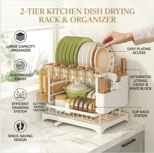 2 Tier Dish Drying Rack Kitchen Bowl Drainer Storage Rack Tableware Drain Chopsticks Knife Fork Water Cup Storage Holder 2 Tier