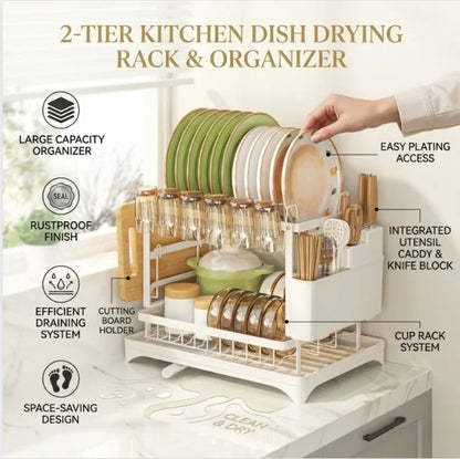 2 Tier Dish Drying Rack Kitchen Bowl Drainer Storage Rack Tableware Drain Chopsticks Knife Fork Water Cup Storage Holder 2 Tier