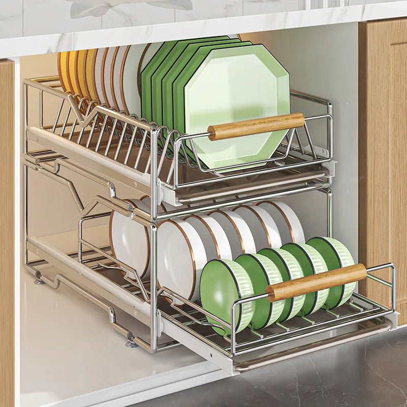 Pull-Out Under Kitchen Sink Organizer Dish Plate Drying Rack, Cabinet Layered Shelf, Pull-Out Basket for Spice Tableware Storage