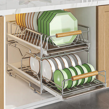 Pull-Out Under Kitchen Sink Organizer Dish Plate Drying Rack, Cabinet Layered Shelf, Pull-Out Basket for Spice Tableware Storage