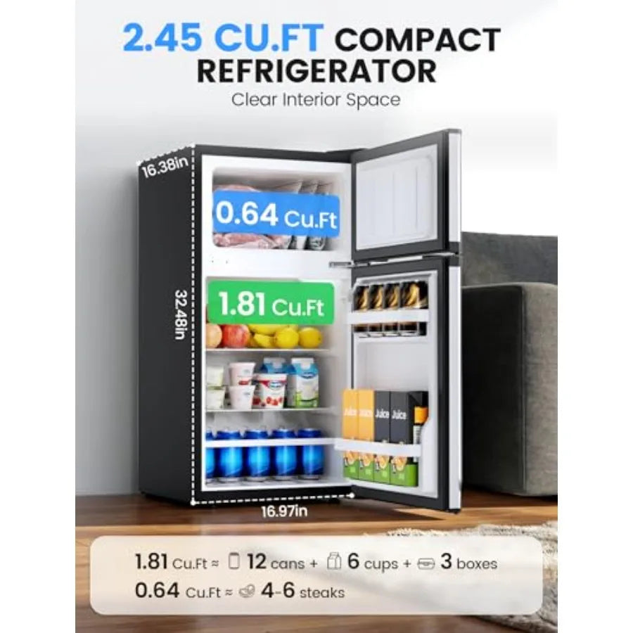 Dorm fridge with freezer for bedroom, office, kitchen, dorm: silver stainless steel, 2.5 cu.ft capacity, double reversible door