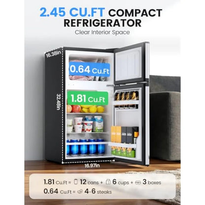 Dorm fridge with freezer for bedroom, office, kitchen, dorm: silver stainless steel, 2.5 cu.ft capacity, double reversible door