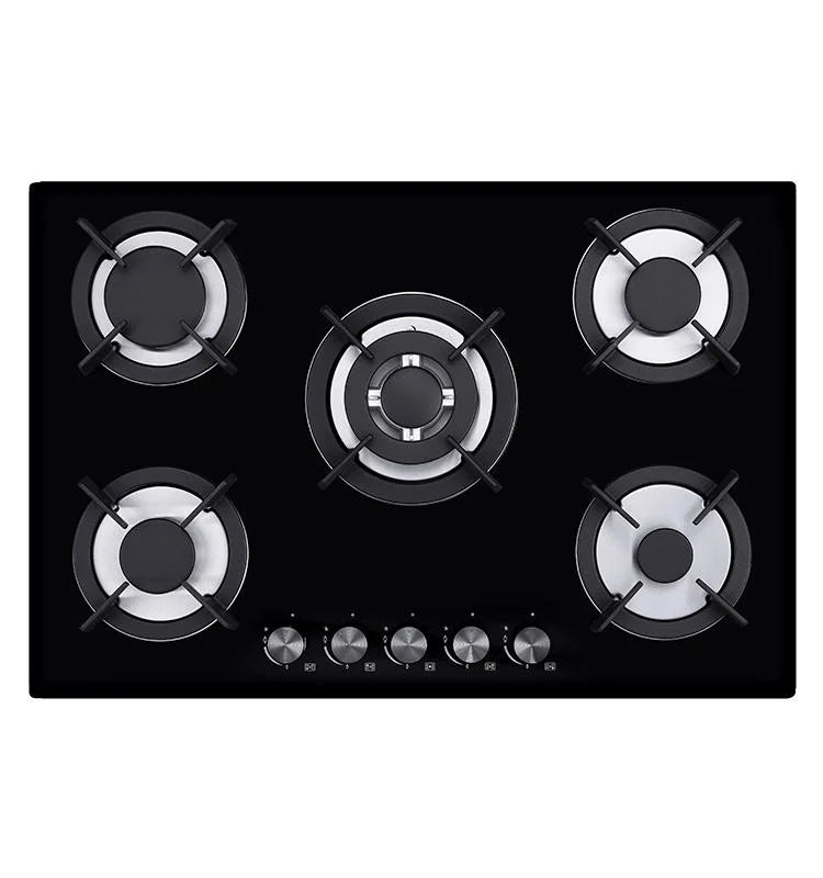 Built-In 5-Burner Multi-Head Gas Stove Tempered Glass Panel LPG/Natural Gas Battery Hotel Home Use Electronic Ignition