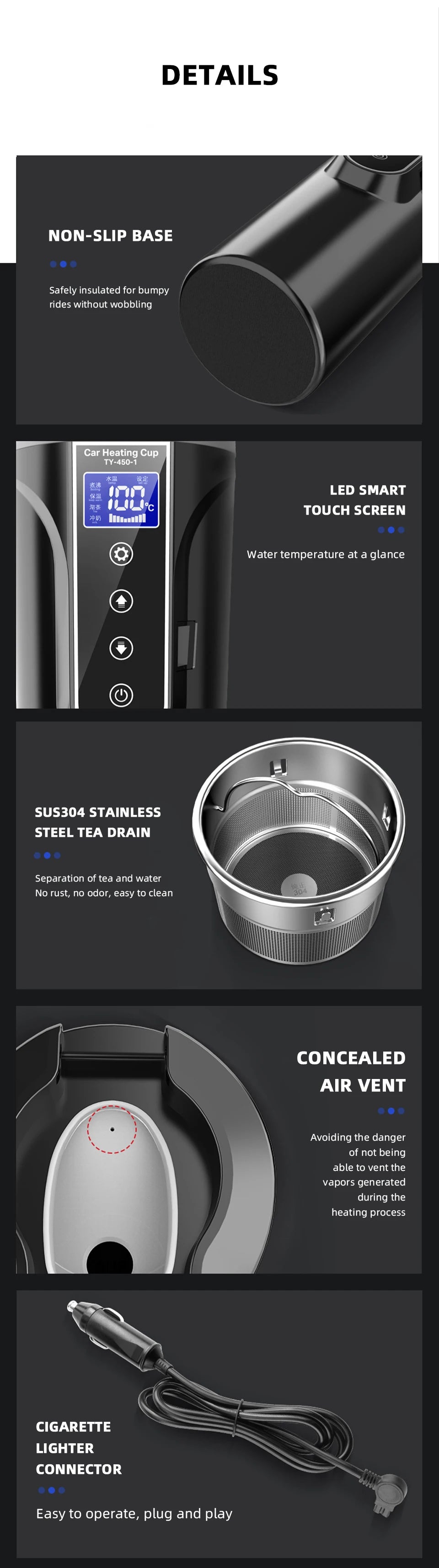 Portable Electric Kettle 12v/24v Smart Car Heating Cup Touch Screen Thermal Mug 450ml Car Heating Mug Temperature Adjustable