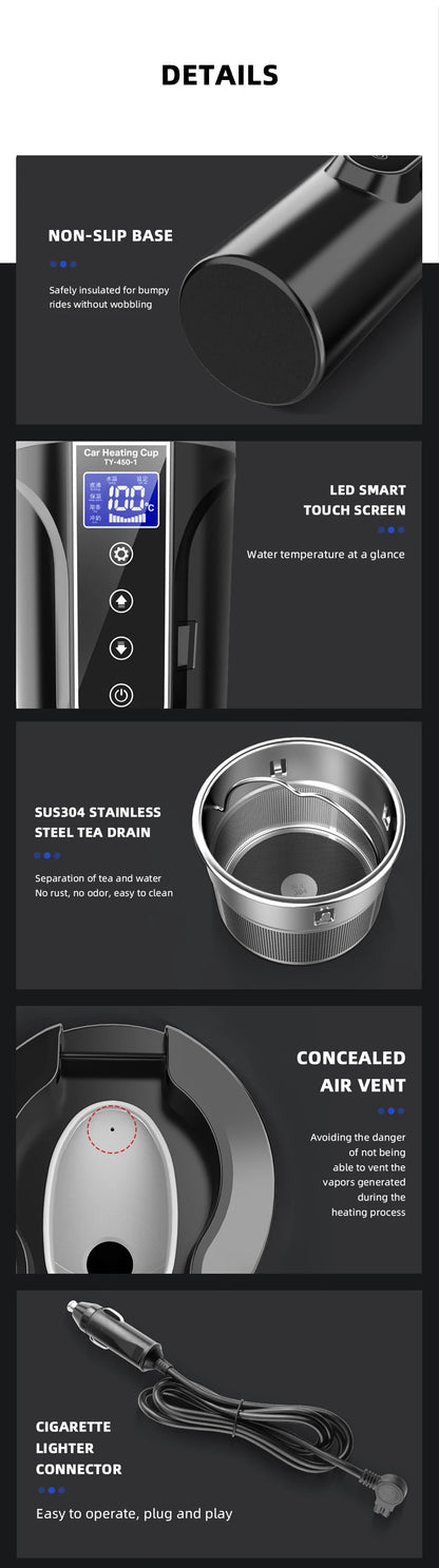 Portable Electric Kettle 12v/24v Smart Car Heating Cup Touch Screen Thermal Mug 450ml Car Heating Mug Temperature Adjustable