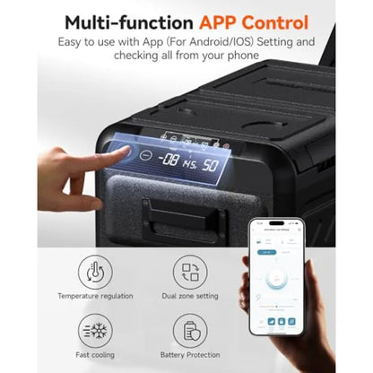 Car refrigerator for RV camping travel home use, aluminum alloy body, black, dual-zone cooling with APP control and wide temper