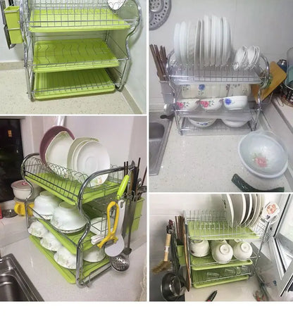 Dish Drying Rack Kitchen Adjustable Stainless Steel 2 Tier Plates Organizer Dish Bowl Drainer Storage Rack Kitchen Utensils