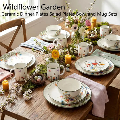 16 Pcs Wildflower Ceramic Dinnerware Set for 4 Guest Floral Dish Set Spring Butterfly Dinner Plates Salad Plates Bowl Mug Kitche