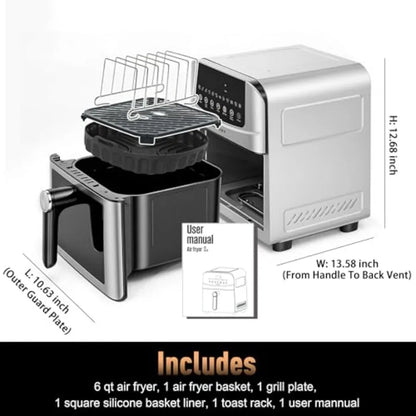 Stainless Steel Air Fryer for Kitchen Use, Silver, Ceramic Non-Stick Teflon-Free Coating, 12-in-1 Functionality with Dual Heati