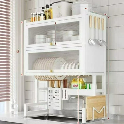 Dish Rack Kitchen Carbon Steel Over Sink Organizer Dustproof Multi Compartment Easy Mount Sink Storage Space