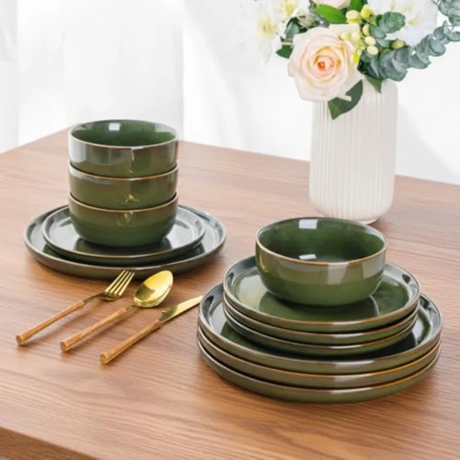 Stoneware Dinnerware Set for 8 Round Reactive Glaze Plates and Bowls Dishwasher and Microwave Safe Highly Scratch Resistant 24-