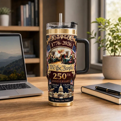 Patriotic US 250th Anniversary Travel Tumbler Stainless Steel Cup With Handle Lid Straw Commemorative Holiday Souvenir