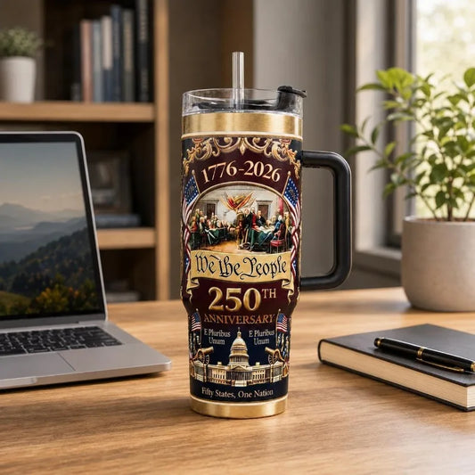Patriotic US 250th Anniversary Travel Tumbler Stainless Steel Cup With Handle Lid Straw Commemorative Holiday Souvenir