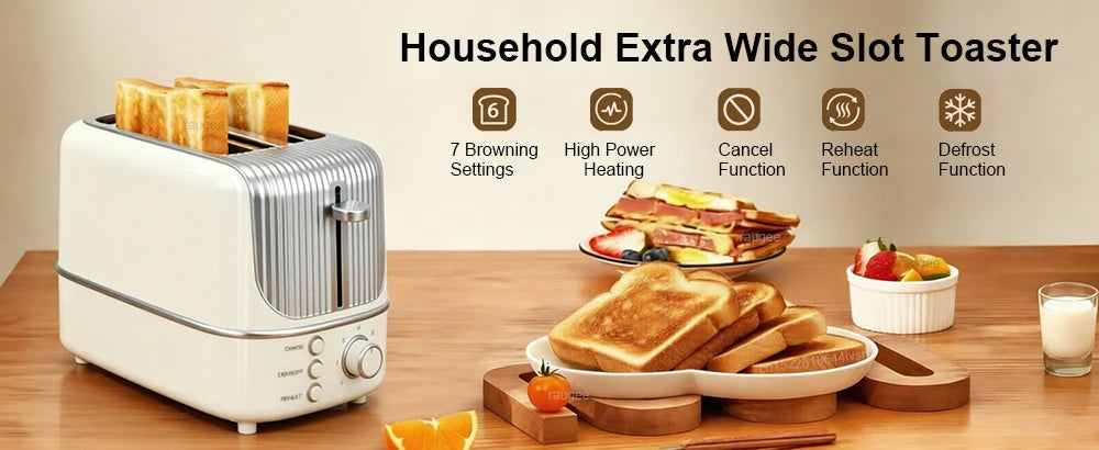 Double Slot Toaster 7 Browning Levels Extra Wide Slot Toaster with Reheat, Defrost and Cancel Includes a Detachable Crumb Tray