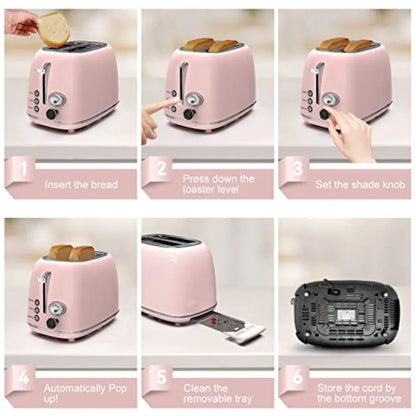 Toaster 2 sliceRetro Stainless Steel Toaster with 6 Settings 1.5 In Extra Wide Slots Bagel/Defrost/Cancel Function Removable Cr