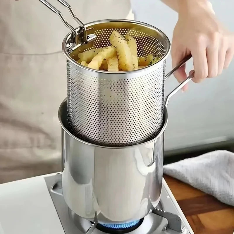 Stainless Steel Deep Frying Pot with Strainer Kitchen Tempura Fryer Pan for Fried Chicken French Fries Cooking Tools Home Use