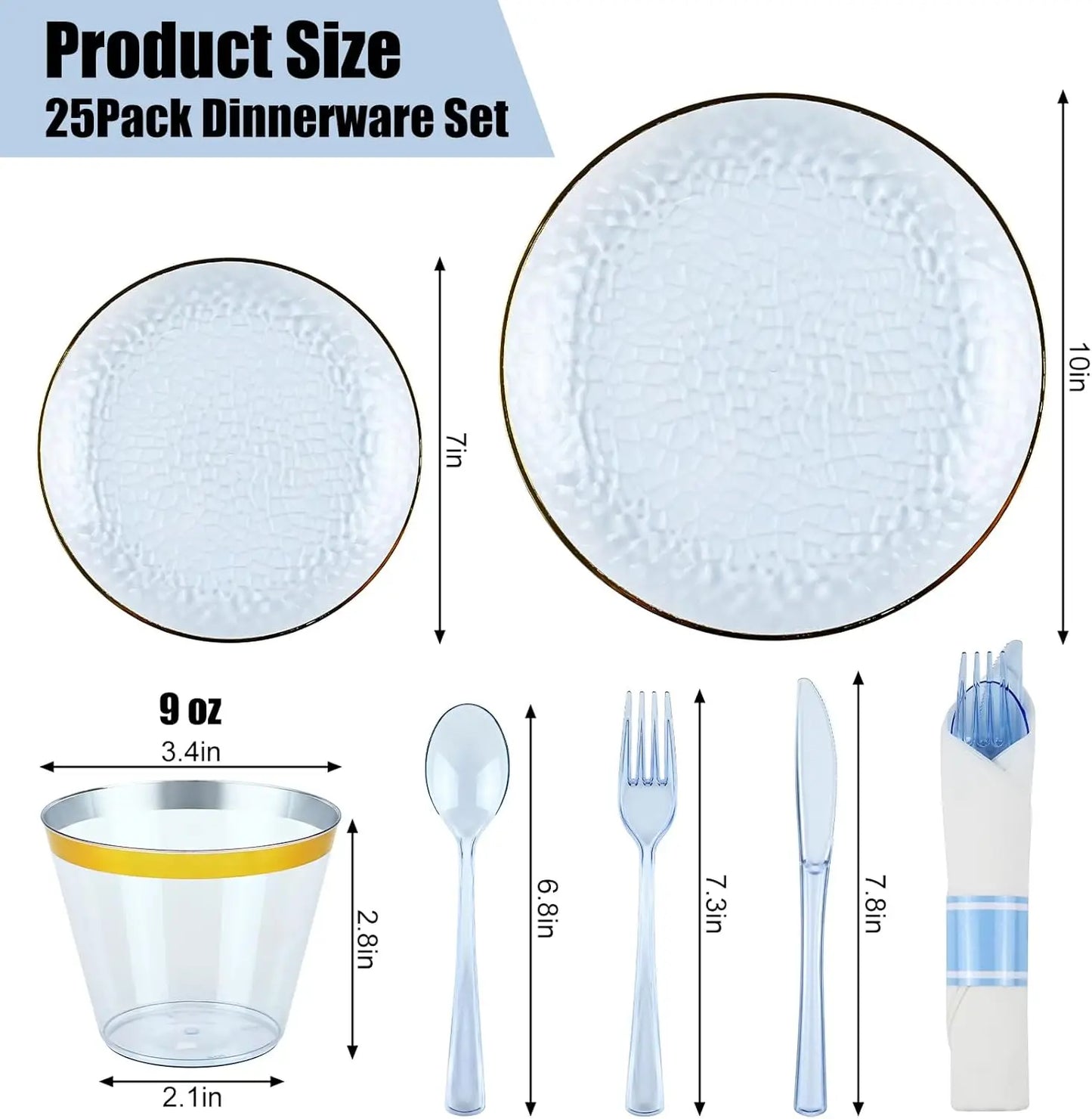 175PCS Gold and Blue Plastic Dinnerware Set – Clear Blue Disposable Plate with Gold Rim Include Dinner Plates, Dessert Plate