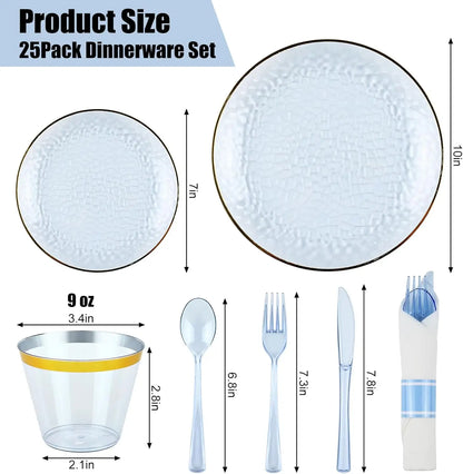 175PCS Gold and Blue Plastic Dinnerware Set – Clear Blue Disposable Plate with Gold Rim Include Dinner Plates, Dessert Plate