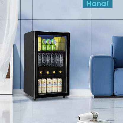 120-Can Glass Door Mini Fridge with LED Light for Beverages and Wine, Ideal for Home or Office