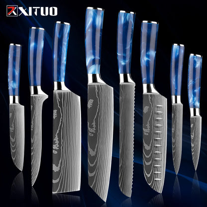 Stainless Steel Chef Knife Kitchen Knife Set 1-8Piece Razor-Sharp Paring Knife, Boning Knife, Santoku Knife, Blue Resin Handle