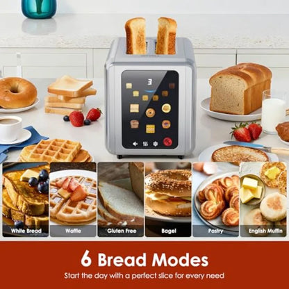 Full Touch Screen 2-Slice Stainless Steel Toaster with 1.5'' Wide Slot Digital Timer 6 Bread Types 6 Shade Settings Crumb