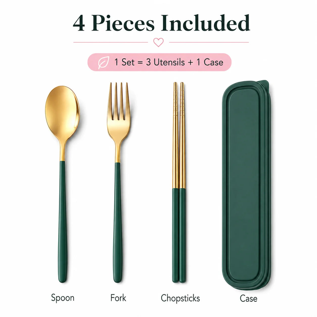 3PCS Portable Stainless Steel Cutlery Set with Case, Green Gold Reusable Spoon Fork Chopsticks Travel Tableware Set for Office School Camping Picnic